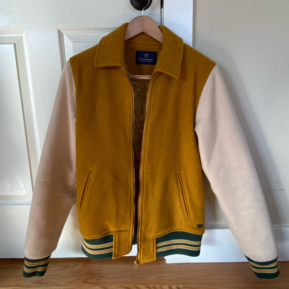 Scotch and soda varsity jacket bomber mens medium yellow and green trick me
